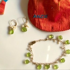 Anzie 14k Set Paridot & Fresh Water Pearls bracelet and earrings